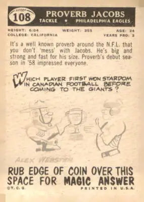 Vintage Proverb Jacobs football card from 1959 Topps #108 featuring Proverb Jacobs