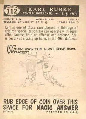 1959 Topps Karl Rubke football card featuring San Francisco 49ers player Karl Rubke