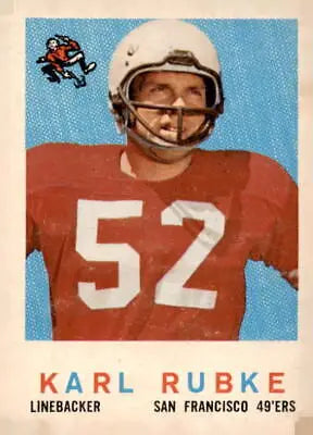 Vintage football card of Karl Rubke from the 1959 Topps series, San Francisco 49ers player