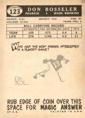 Vintage football card back featuring Don Bosseler from 1959 Topps #123