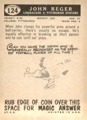 Vintage football card back featuring John Reger of the Pittsburgh Steelers from 1959 Topps #124
