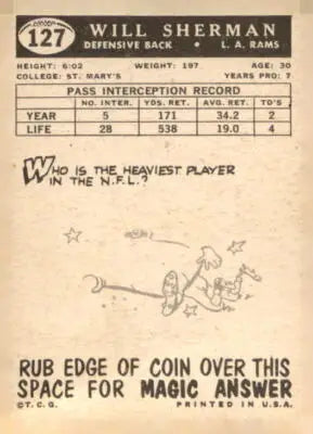 Will Sherman football card from 1959 Topps #127 featuring Los Angeles Rams player