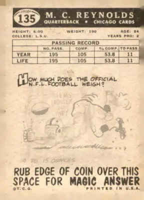 Vintage football card back of 1959 Topps Chicago Cardinals M.C. Reynolds collectible