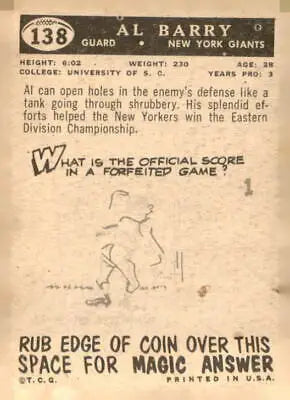 Vintage football card of Al Barry from 1959 Topps #138 featuring York Giants collectible