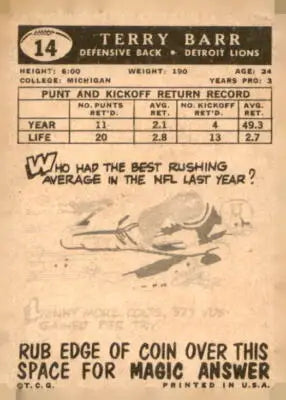 Vintage football card of Terry Barr from Detroit Lions 1959 Topps #14