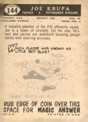 Vintage Joe Krupa football card from 1959 Topps featuring Pittsburgh Steelers player