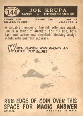 Vintage football card of Joe Krupa from the Pittsburgh Steelers 1959 Topps #144