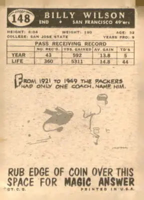 Vintage football card of Billy Wilson from the San Francisco 49ers 1959 Topps series