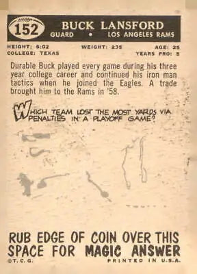 Vintage football card of Buck Lansford from the Los Angeles Rams 1959 Topps series