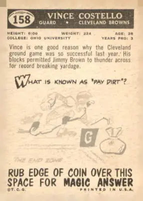 Vintage football card featuring Vince Costello from the 1959 Topps series