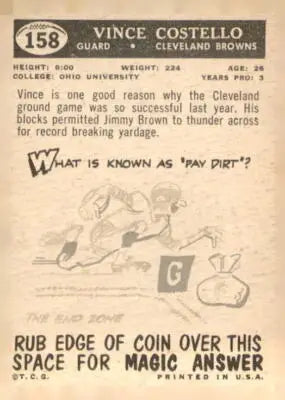 Vintage football card back featuring Vince Costello, 1959 Topps #158 Vince Costello