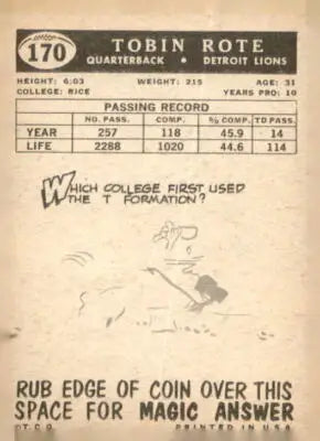 Vintage football trading card of Tobin Rote from the 1959 Topps #170 Detroit Lions