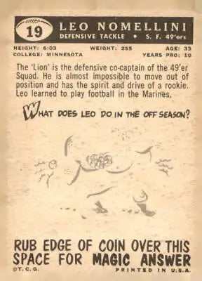 Vintage 1959 Topps #19 Leo Nomellini football card featuring San Francisco 49ers legend