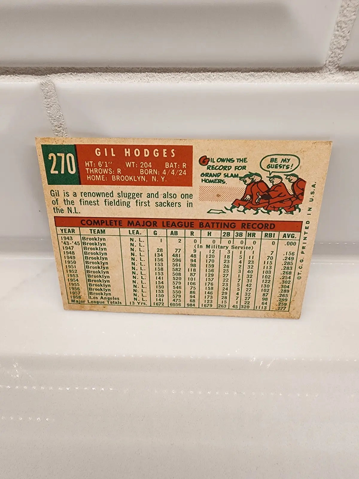 Vintage Gil Hodges baseball card from 1959 Topps Gil Hodges #270, a collectible trading card