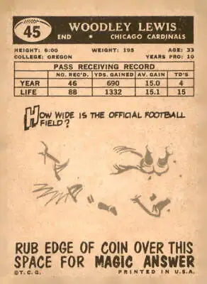 Vintage football card featuring Woodley Lewis of the Chicago Cardinals from 1959 Topps