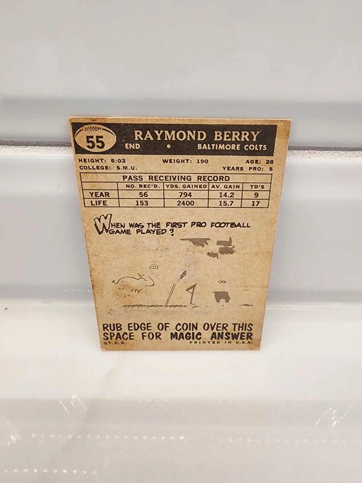 1959 Topps Raymond Berry football trading card with Baltimore Colts memorabilia