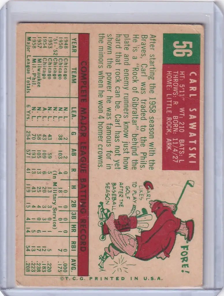 Vintage baseball card of Carl Sawatski featuring statistics and golfer illustration