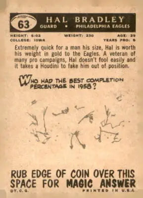 Vintage Hal Bradley football card from 1959 Topps #63 showcasing Hal Bradley football memorabilia