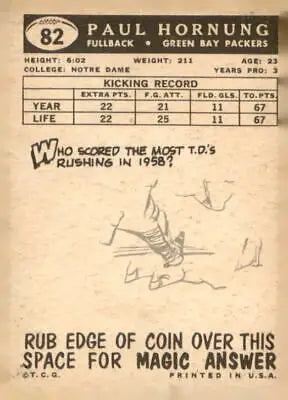 Paul Hornung football card from 1959 Topps #82 featuring Green Bay Packers star