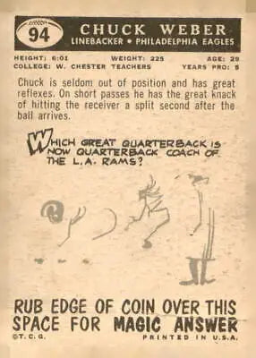 Vintage football card of Chuck Weber from the 1959 Topps set featuring Philadelphia Eagles