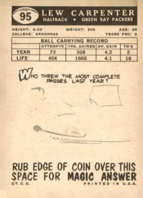 Lew Carpenter football card from 1959 Topps featuring Green Bay Packers player
