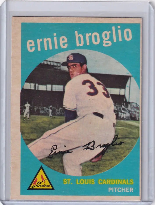 Vintage Topps Baseball card of Ernie Broglio in throwing stance for St. Louis Cardinals