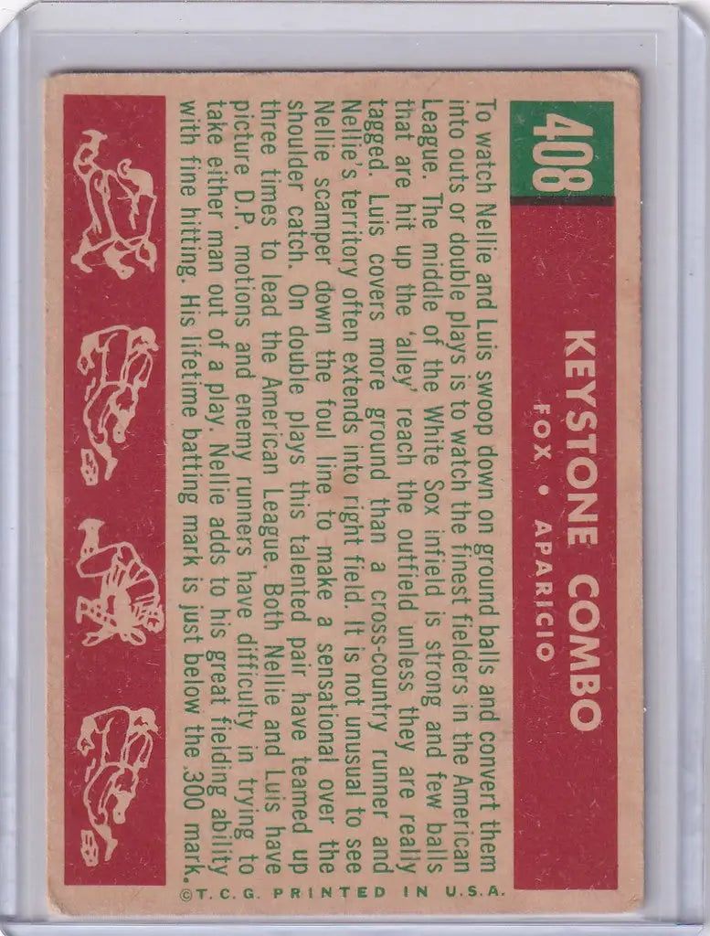 Vintage Topps Baseball Card featuring Nellie Fox and Luis Aparicio on a red and green background