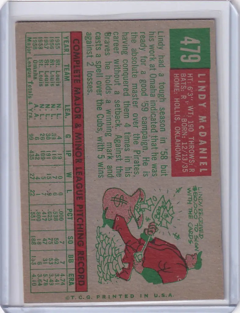 Vintage 1959 Topps Baseball card of Lindy McDaniel with St. Louis Cardinals player illustration