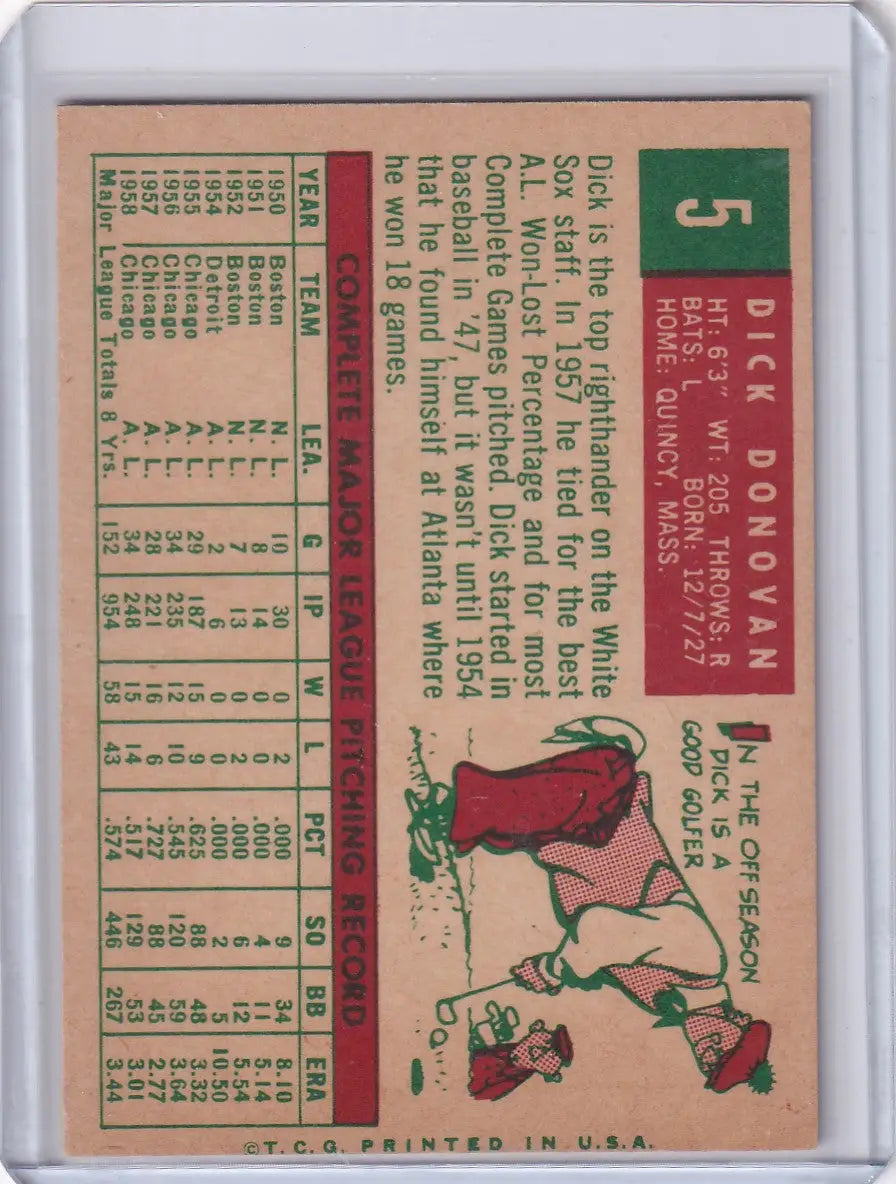 Vintage 1959 Topps Baseball card of Dick Donovan sliding into base for Chicago White Sox