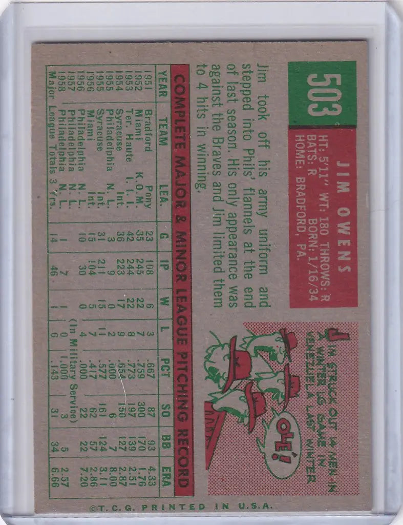 Vintage 1959 Topps Baseball card of Jim Owens from the Philadelphia Phillies
