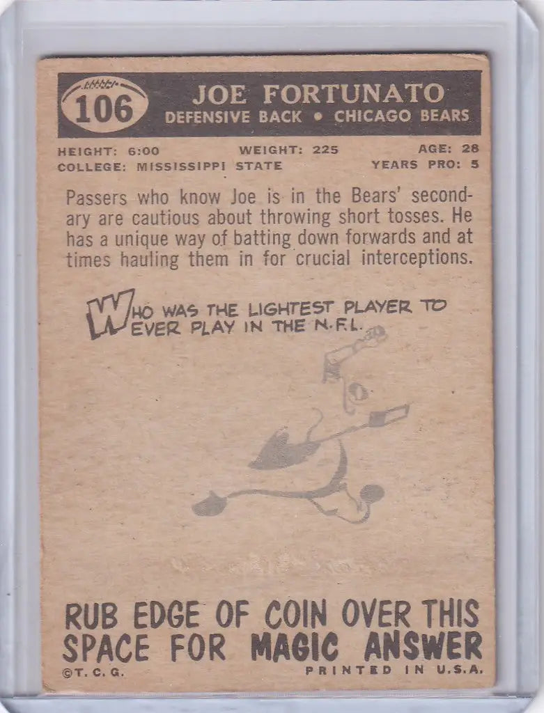 Vintage 1959 Topps Football card featuring Joe Fortunato of the Chicago Bears