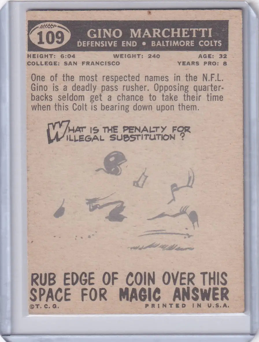 Vintage Topps Football card of Gino Marchetti, Baltimore Colts defensive end with scratch-off