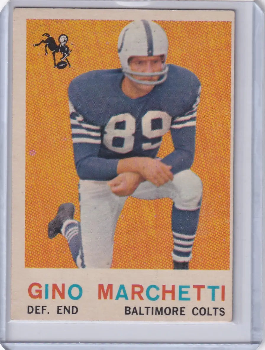 Vintage 1959 Topps Football Card of Gino Marchetti, Baltimore Colts Player in Kneeling Pose