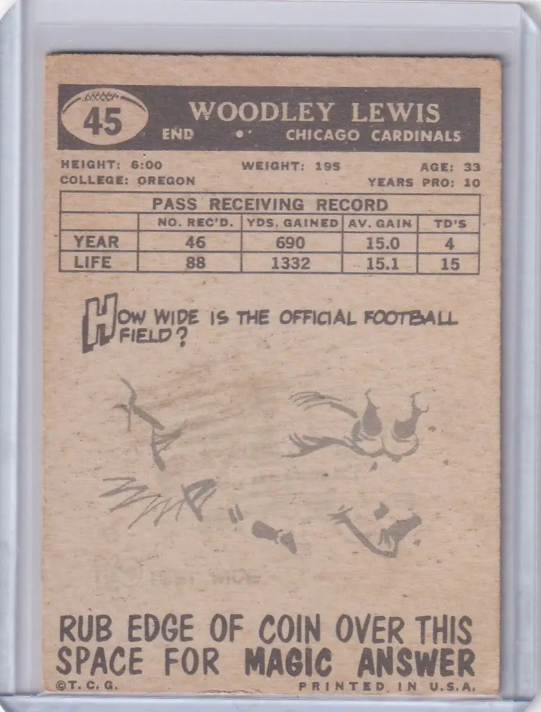 Vintage 1959 Topps Football card of Woodley Lewis from the Chicago Cardinals