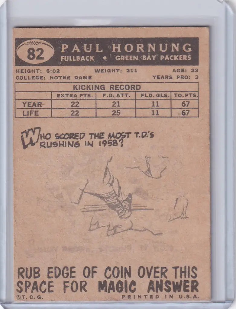 Vintage Topps Football trading card of Paul Hornung, Green Bay Packers legend