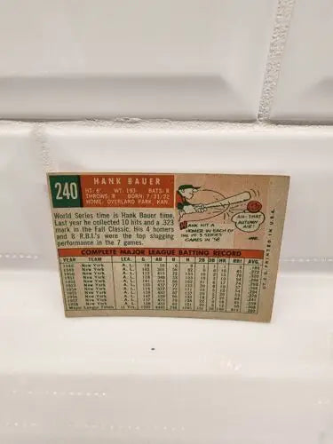 Vintage baseball card featuring Hank Bauer from the 1959 Topps trading card series