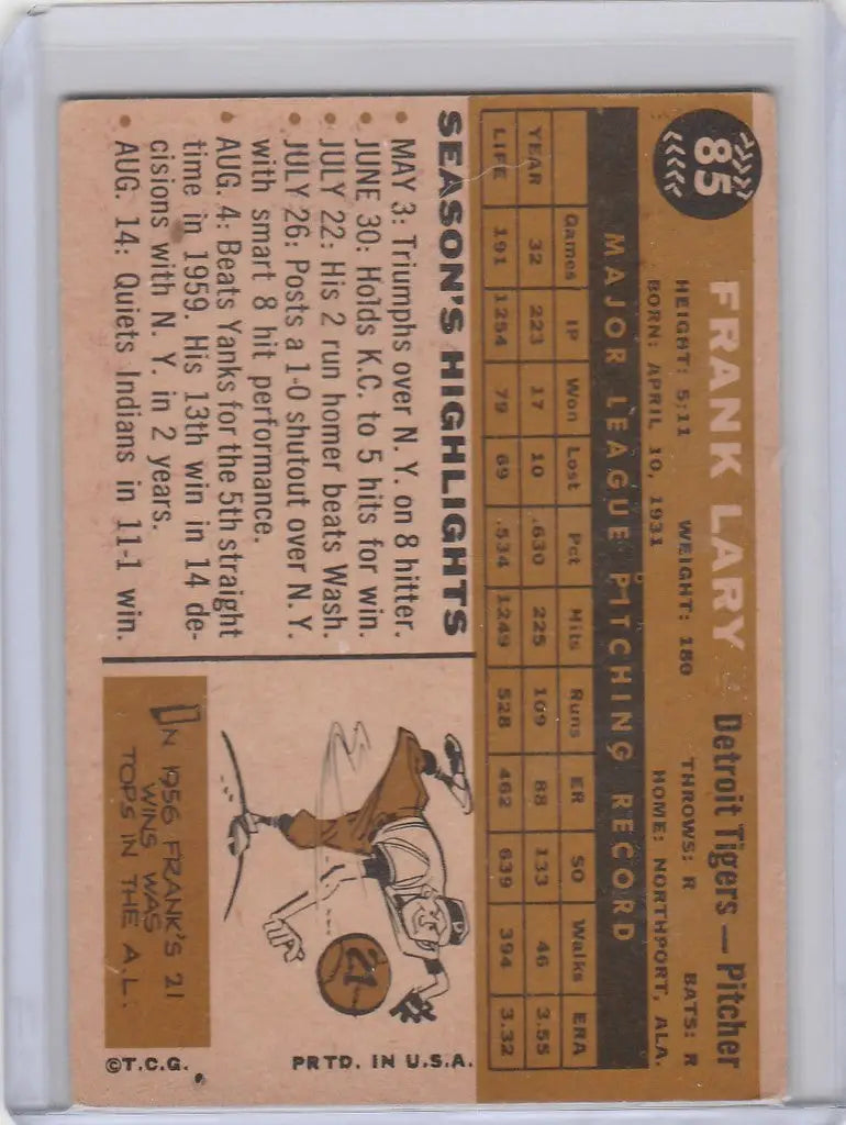 Vintage baseball card of Frank Lary Detroit Tigers with player stats and pitcher illustration