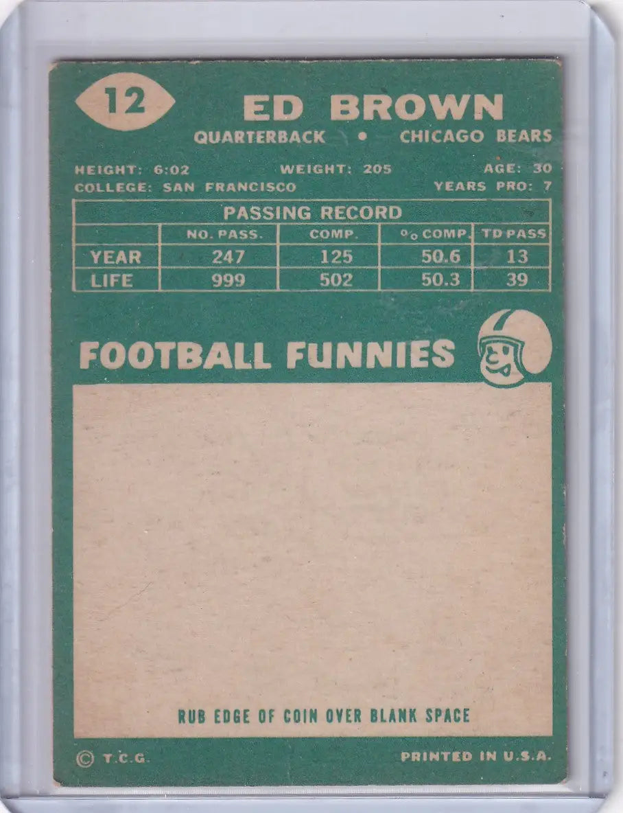 Vintage green Topps Football card of Ed Brown - Chicago Bears with passing stats and Football Funnies
