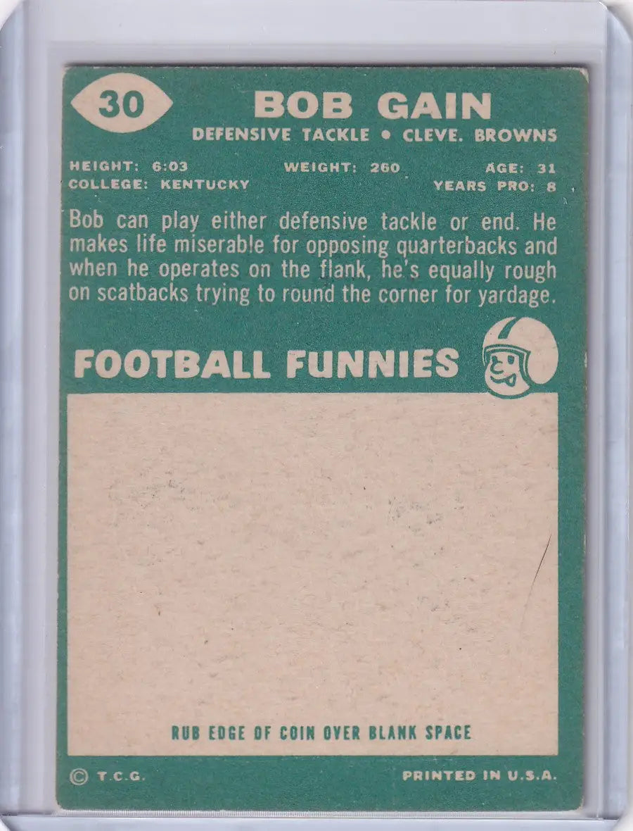 Vintage 1961 Bob Gain Cleveland Browns Topps Football card with player stats and bio