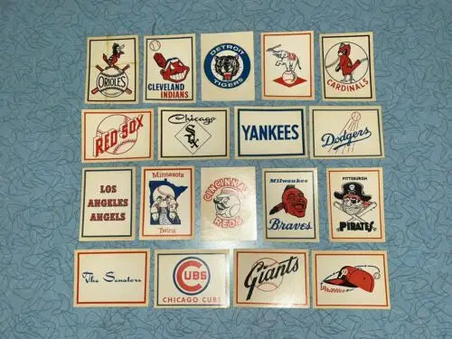 Vintage 1961 Fleer Baseball Team logo decals showcasing classic baseball team logos