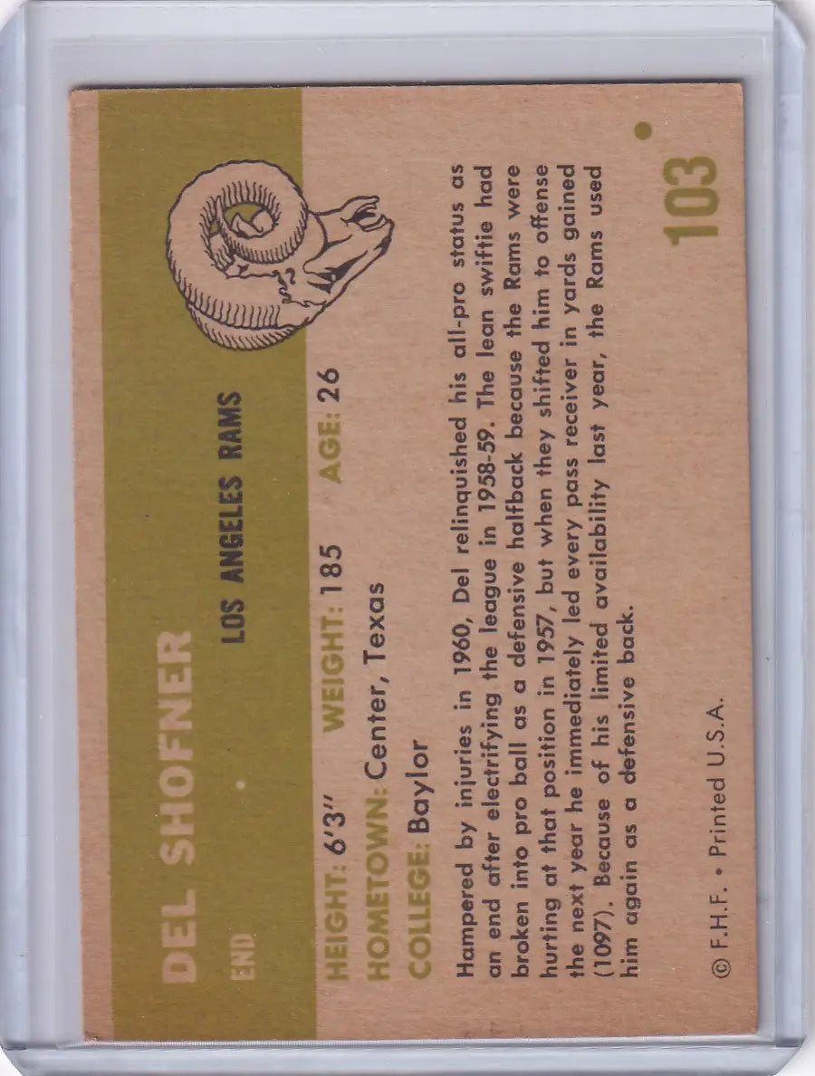 Baseball trading card of Del Shofner featuring Los Angeles Rams sheep head illustration