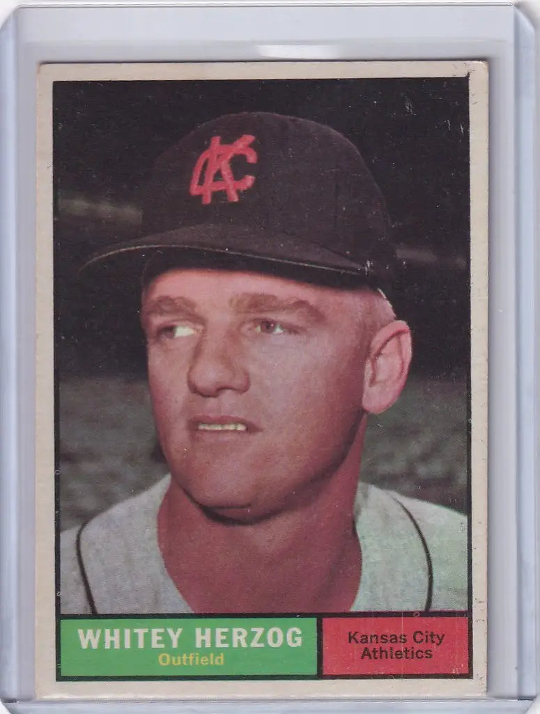 Baseball card of Whitey Herzog from the Kansas City Athletics with AC logo cap