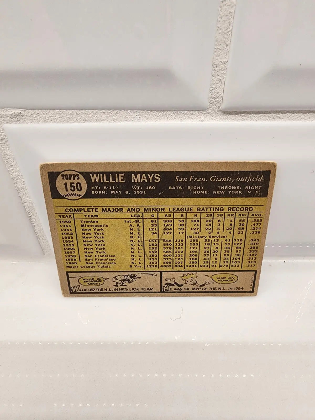 Willie Mays baseball card from 1961 Topps showing Willie Mays of the San Francisco Giants