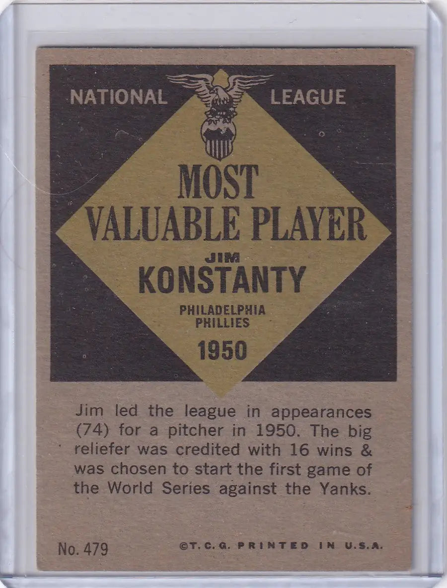 Vintage baseball trading card of Jim Konstanty, Philadelphia Phillies MVP 1961 Topps