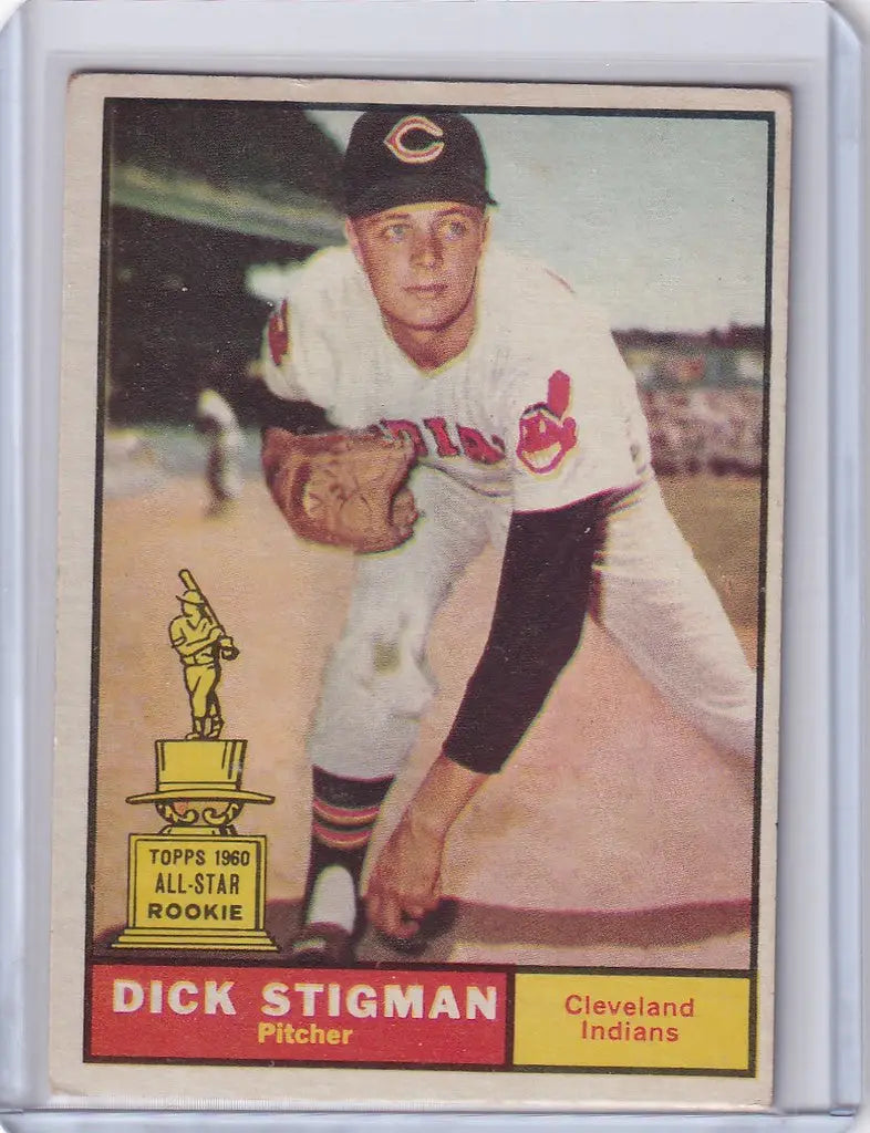 Baseball card of Dick Stigman in throwing stance for Cleveland Indians