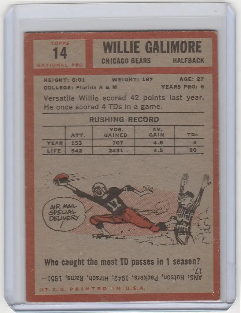 Vintage Willie Galimore Chicago Bears trading card from 1962 Topps, in excellent condition