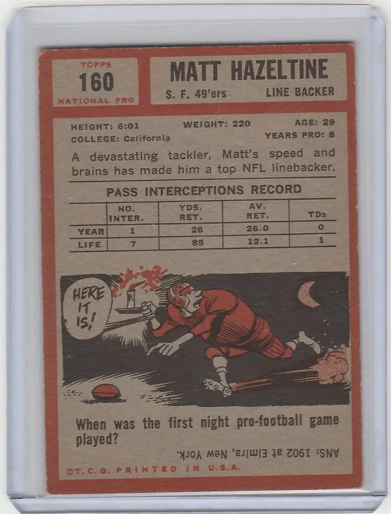 Vintage 1962 Topps football card of Matt Hazeltine, San Francisco 49ers player