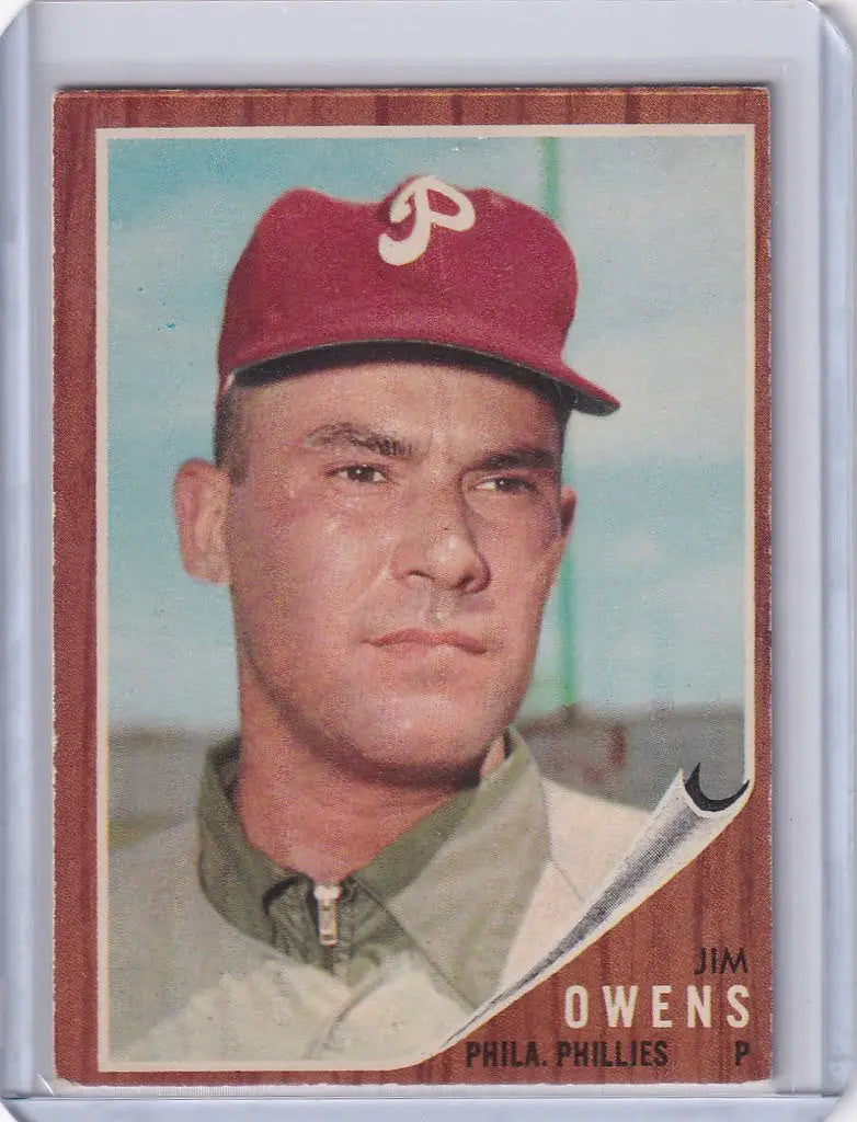 Baseball card of Jim Owens from the Philadelphia Phillies in a red cap