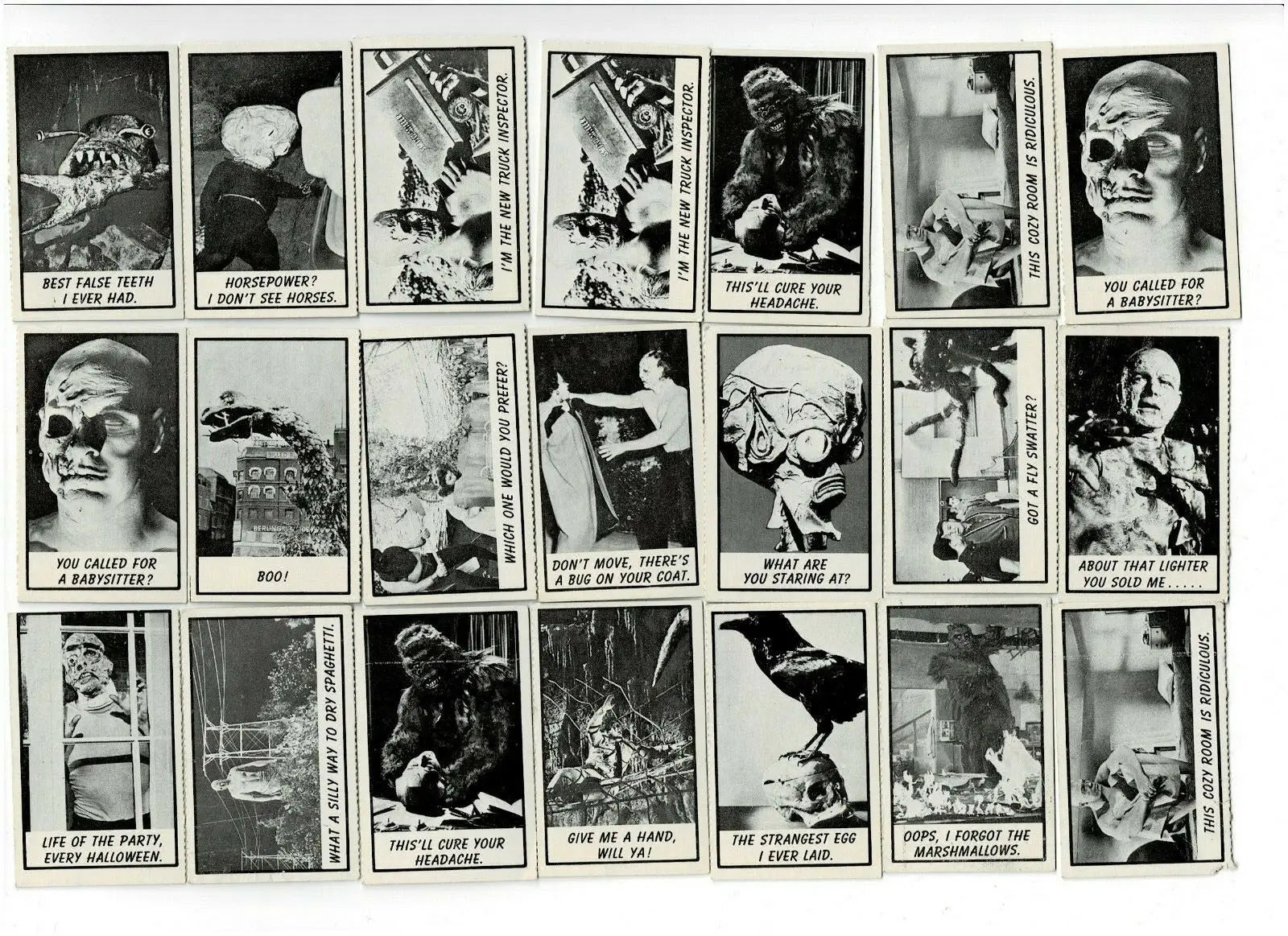 Collection of black and white cards from Monster Laffs Topps Midgee trading card set