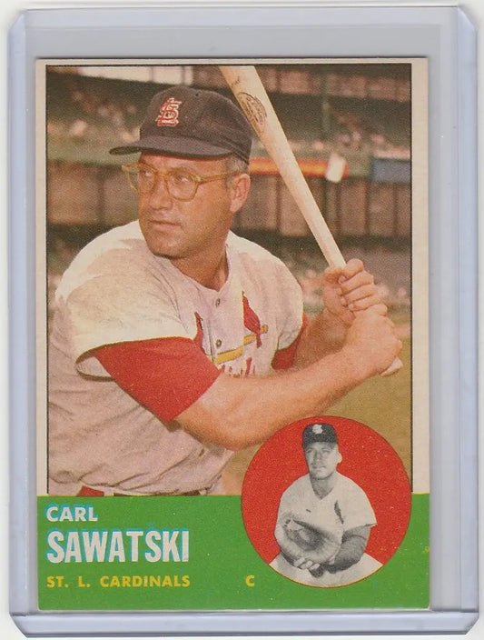 Baseball card of Carl Sawatski in batting pose for St. Louis Cardinals EXMT